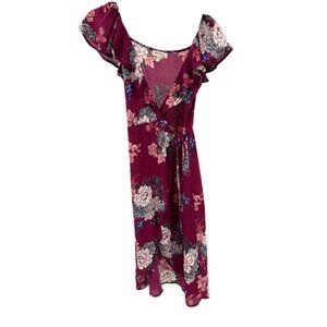 Monteau wrap dress floral wine color ruffle flutter sleeve small wedding shower